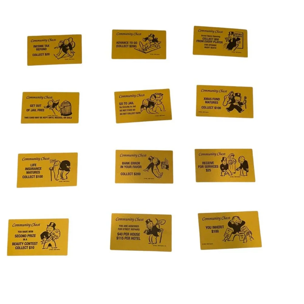 Vintage 1996 Monopoly Community Chest Cards Complete Set Replacement Parts Yelow
